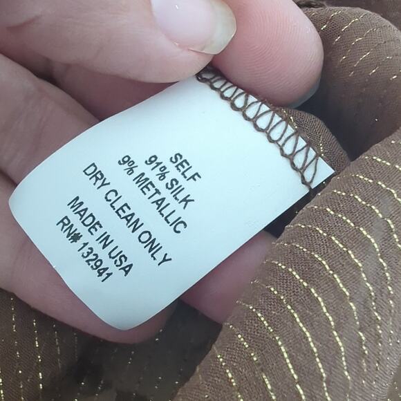 Amanda Uprichard Blouse Large Womens Top Sheer Long Sleeve Gold Metallic Silk - Picture 6 of 9